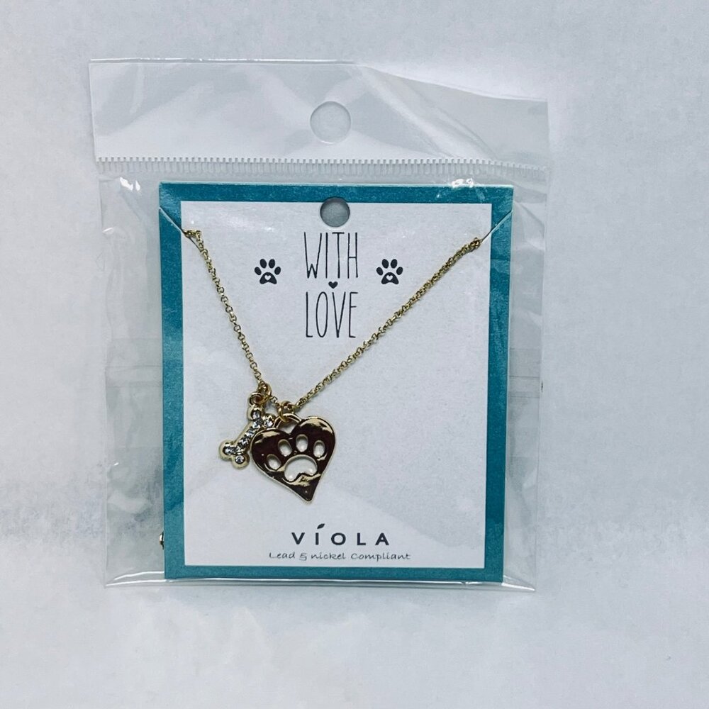 New Viola Gold Tone Cable Chain Necklace W/Dog Bone And Heart Pendants (5453)